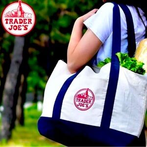 Trader Joe's Large Tote Iconic Canvas Navy w/ Red logo Embroidered Shopping Bag